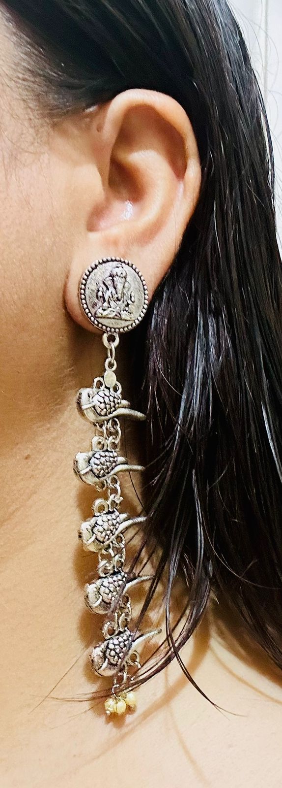 Oxidized Ganpati & Bird Design Long Drop Earrings