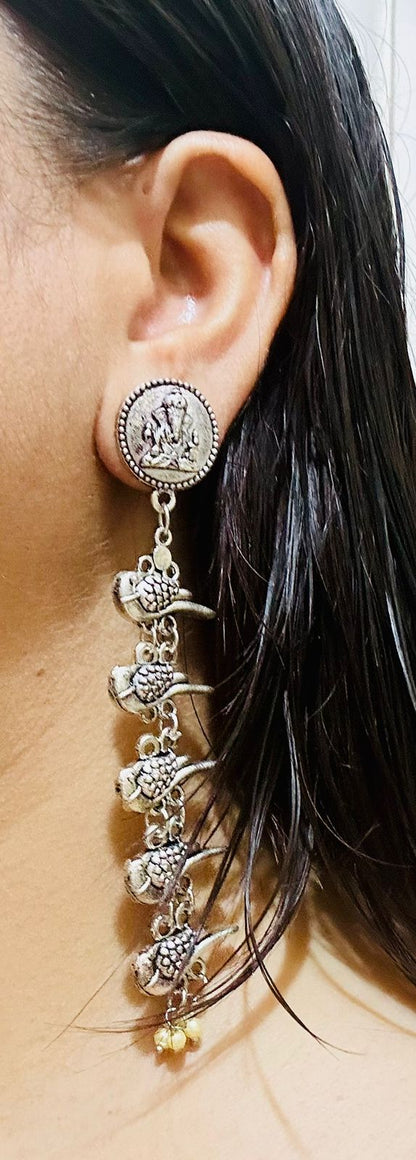 Oxidized Ganpati & Bird Design Long Drop Earrings