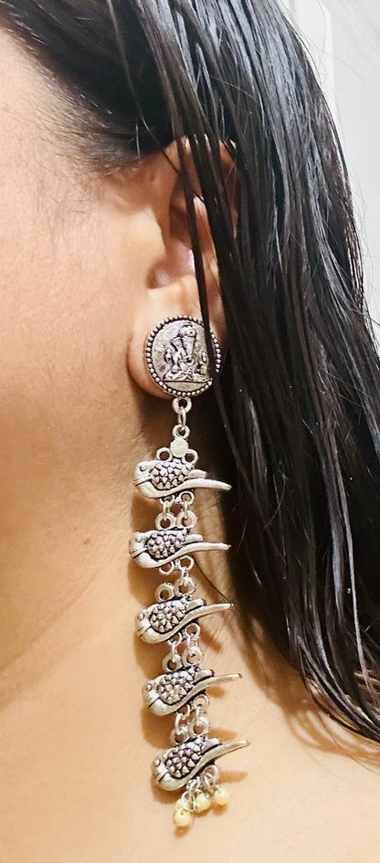 Oxidized Ganpati & Bird Design Long Drop Earrings