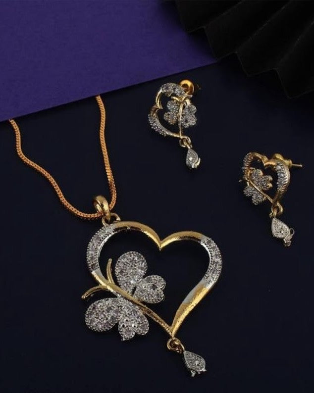 ROSAMODE Gold Plated and Cubic Zirconia Pendant & Earring set for Women's & Girl's