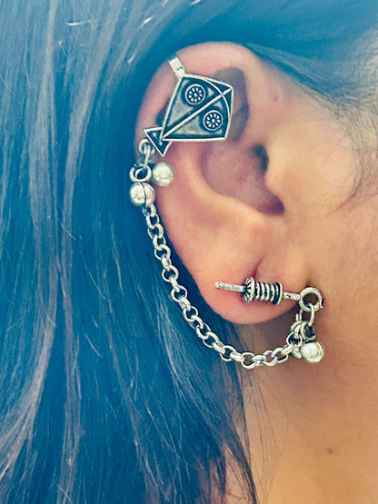 ROSAMODE Traditional Earcuffs for Women & Girls | Silver Plated Kite & Charki Design | Oxidised Bugatti Earrings | Stylish Ear Cuffs for Party