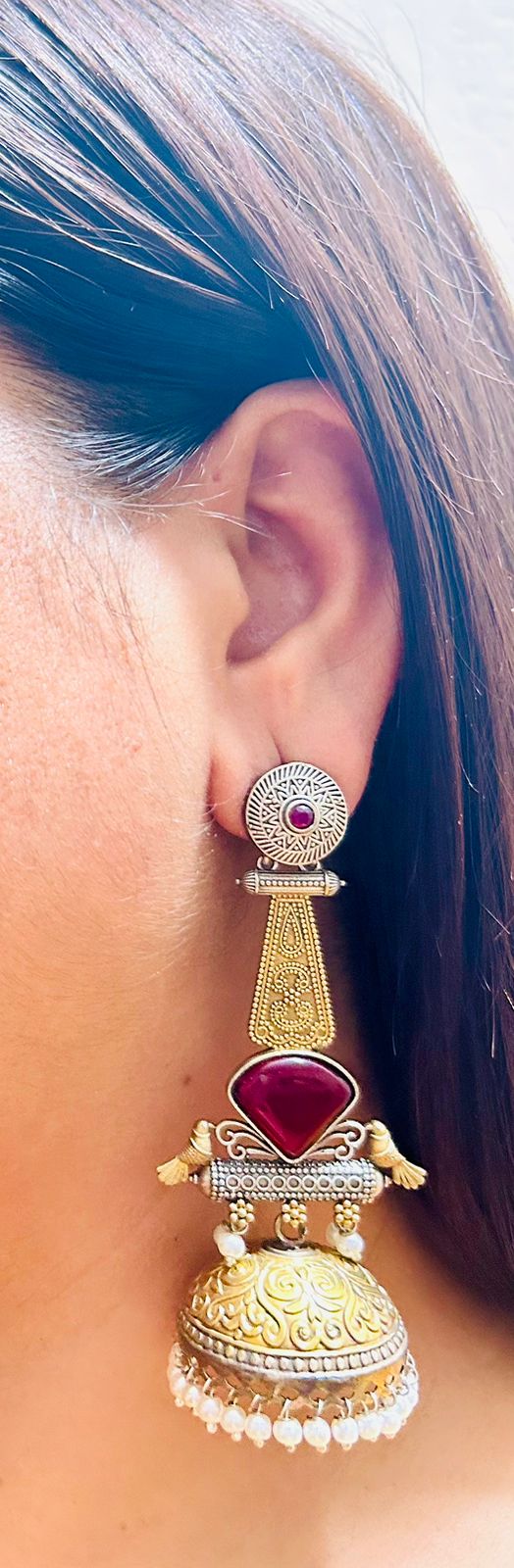 ROSAMODE Ethnic Bird Design Two-Tone Jhumka Earrings for Women | Oxidized Traditional Gold Monalisa Stone & Pearl Dangler Jewelry