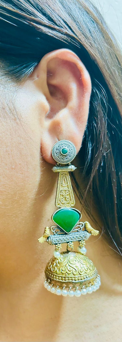ROSAMODE Ethnic Bird Design Two-Tone Jhumka Earrings for Women | Oxidized Traditional Gold Monalisa Stone & Pearl Dangler Jewelry