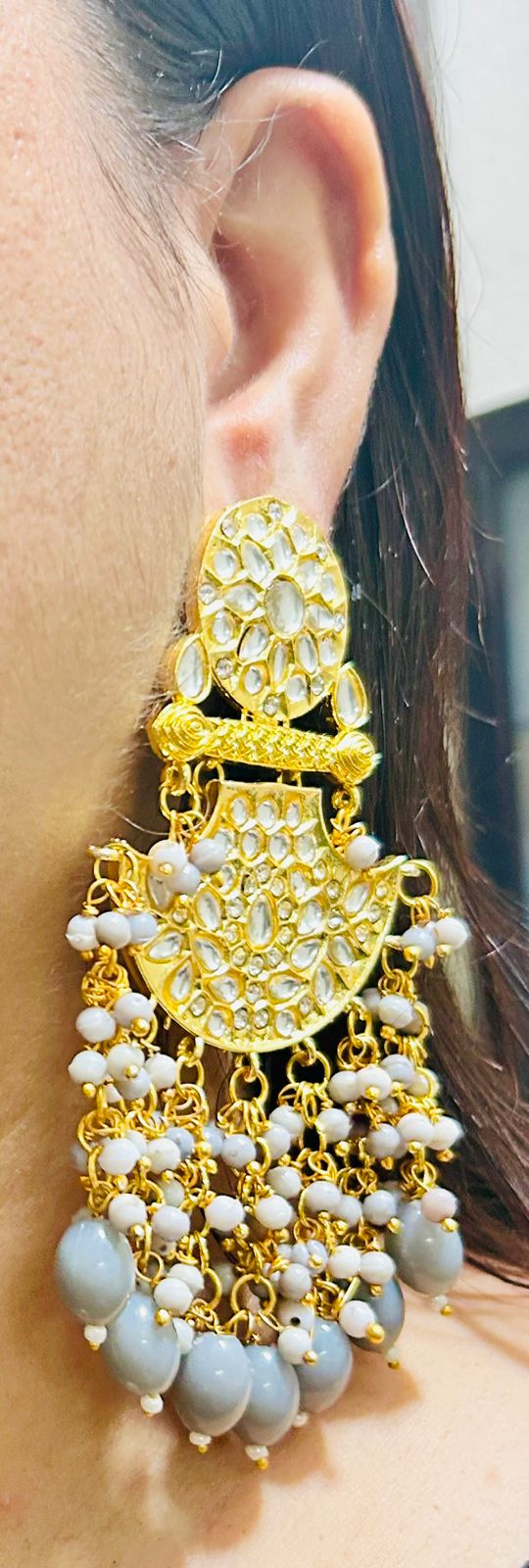 ROSAMODE Meenakari Chandbali Grey Earrings for Women | 10cm Traditional Kundan Ethnic Jewelry