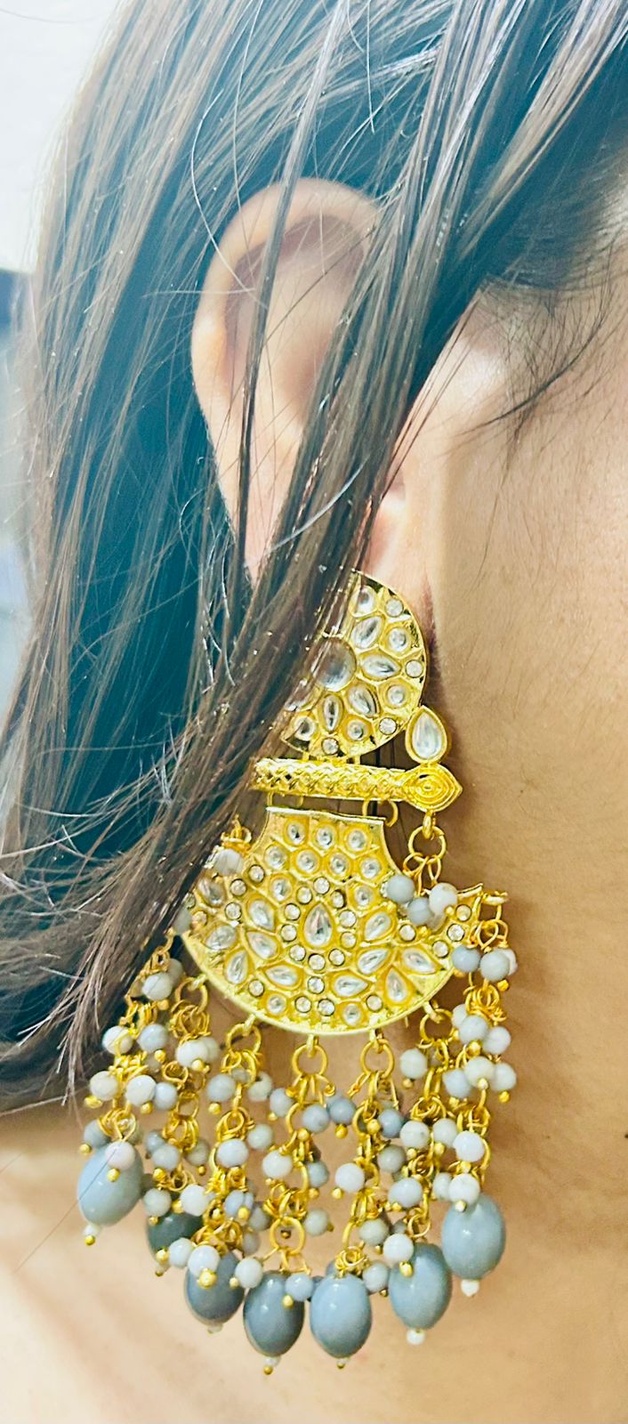 ROSAMODE Meenakari Chandbali Grey Earrings for Women | 10cm Traditional Kundan Ethnic Jewelry