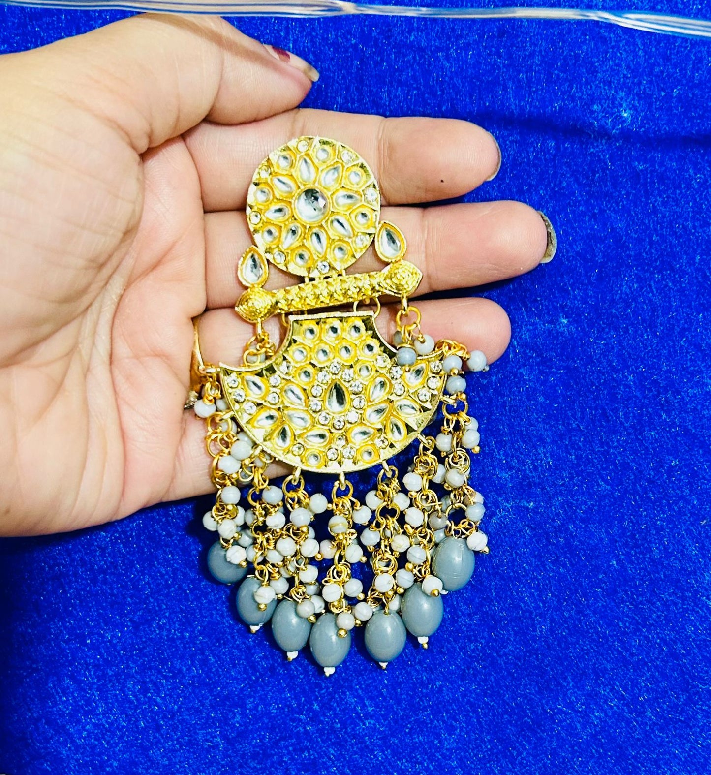 ROSAMODE Meenakari Chandbali Grey Earrings for Women | 10cm Traditional Kundan Ethnic Jewelry