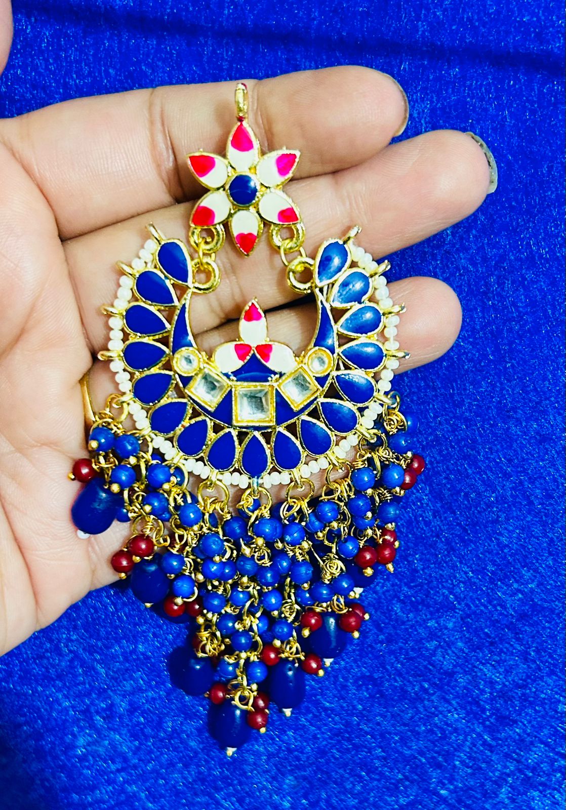 ROSAMODE Traditional Indian Meenakari Chandbali Earrings for Women – Royal Blue 11cm Handcrafted Kundan Ethnic Jewelry | Earrings for Wedding & Festival