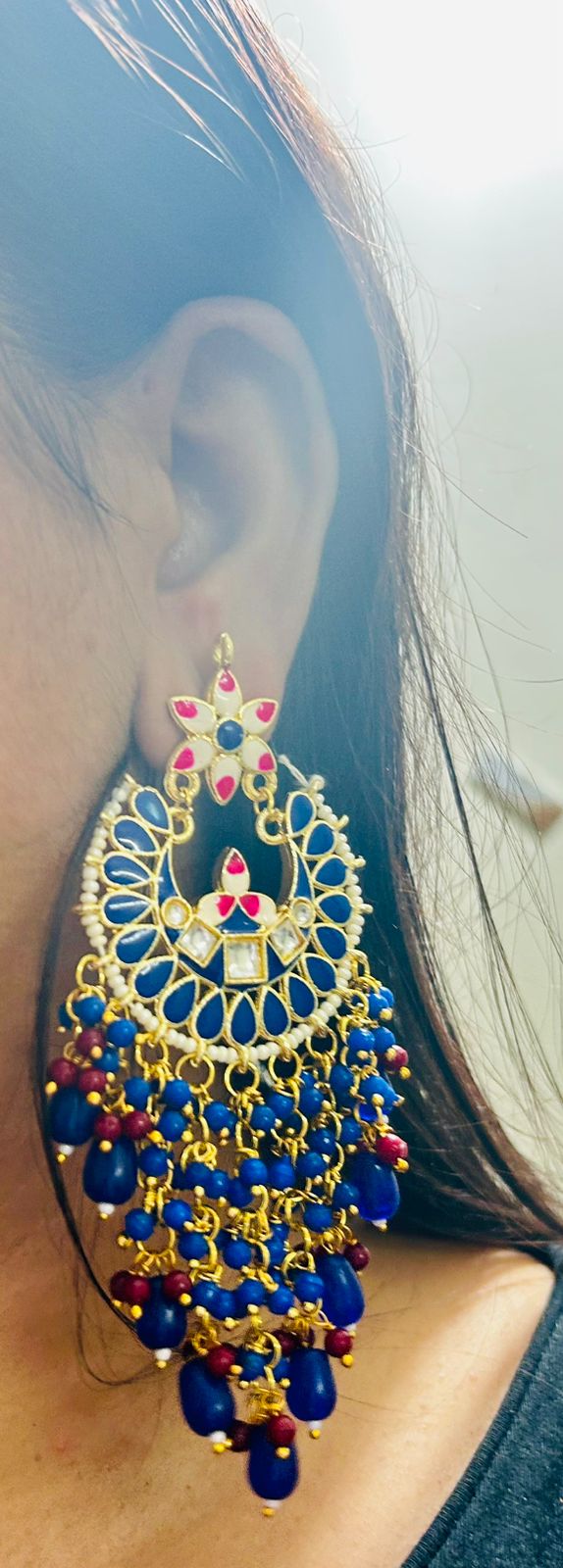 ROSAMODE Traditional Indian Meenakari Chandbali Earrings for Women – Royal Blue 11cm Handcrafted Kundan Ethnic Jewelry | Earrings for Wedding & Festival