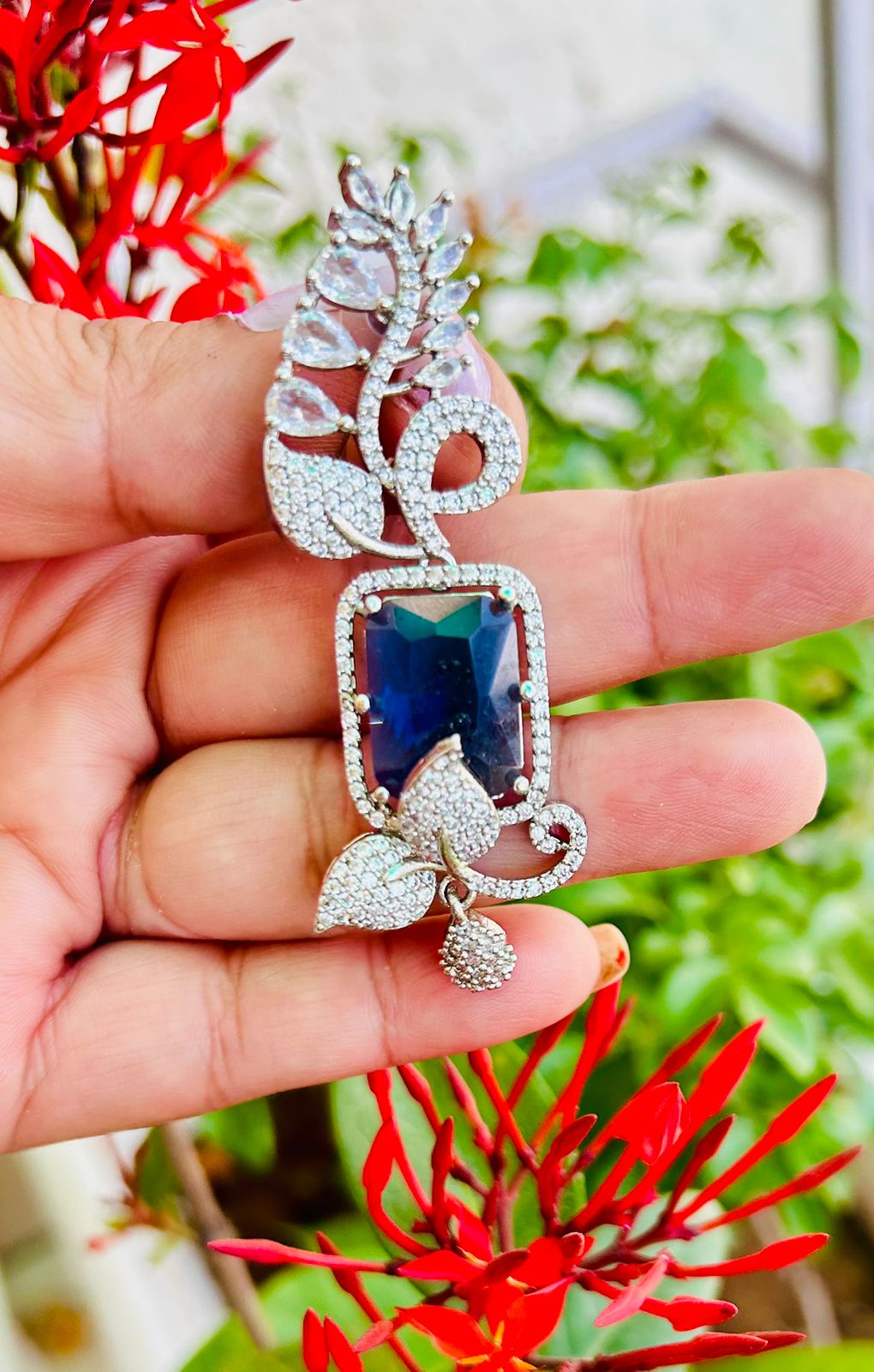 ROSAMODE 7 cm Royal Blue Leaf-Shaped Earrings for Women | Premium AD Stone Long Earrings | American Diamond Jewelry for Wedding, Party & Festivals | Lightweight & Stylish