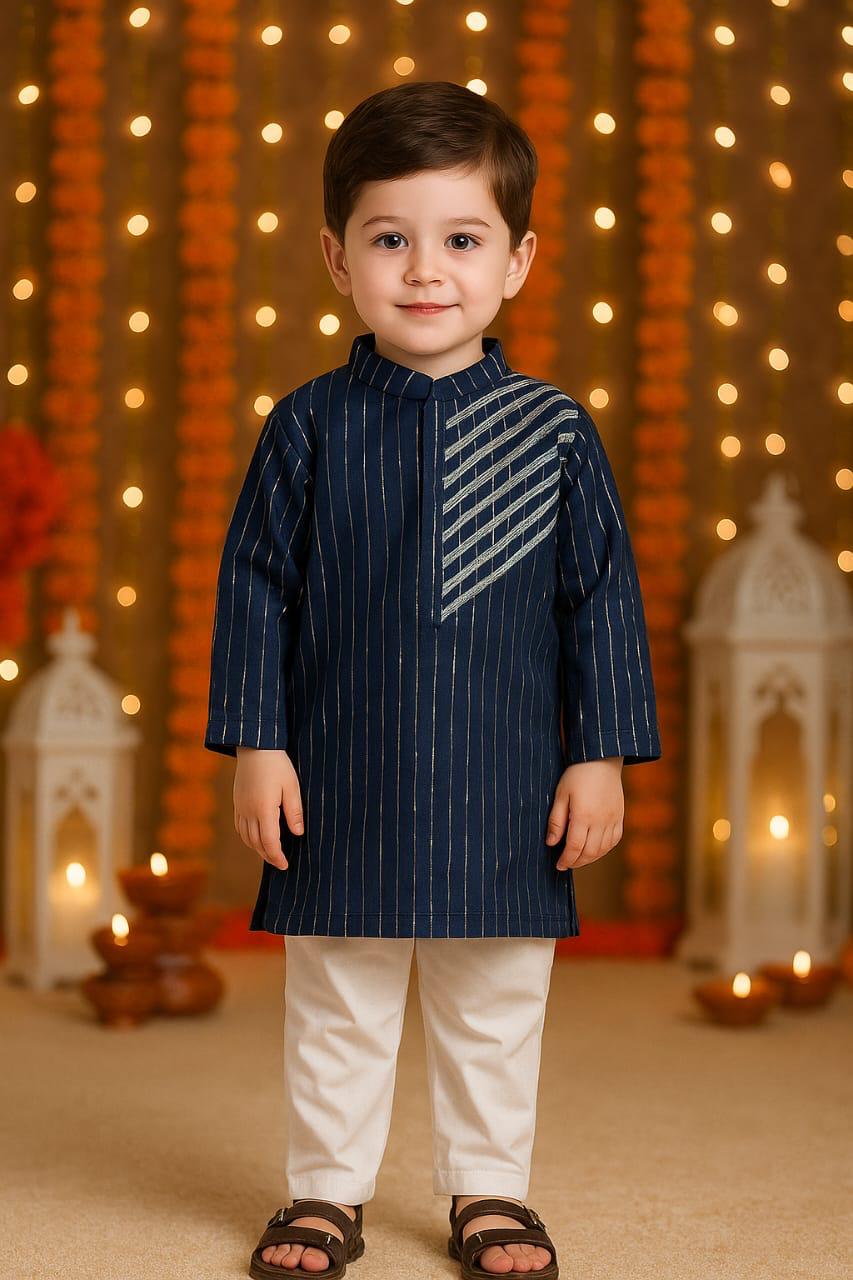 ROSAMODE Ethnic Orange & Royal-Blue Cotton Cambric Kurta with Gota Patti Work and White Pajama for Boys (6 Months – 7 Years)