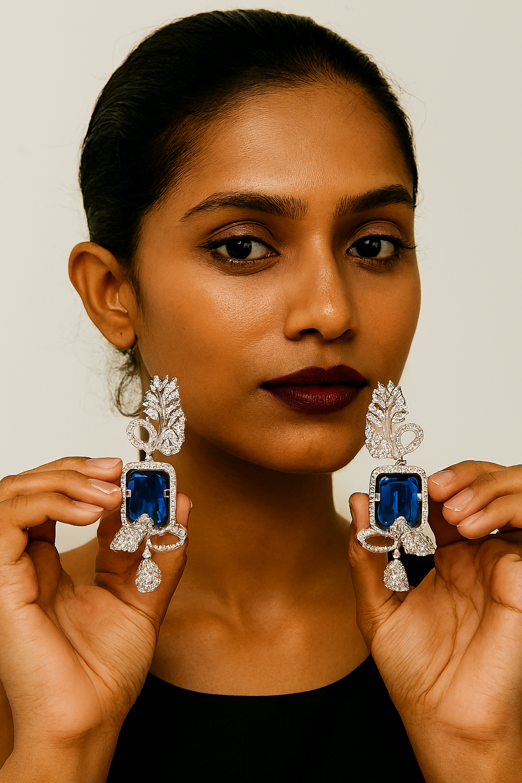 ROSAMODE 7 cm Royal Blue Leaf-Shaped Earrings for Women | Premium AD Stone Long Earrings | American Diamond Jewelry for Wedding, Party & Festivals | Lightweight & Stylish
