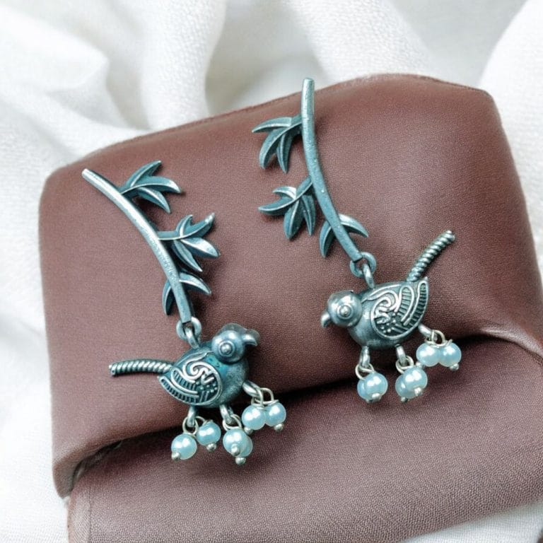 Oxidized Set of Silver with Pearl Handmade Look Alike Bird Leaf Earrings, Unique Lightweight and Stylish for Girls, Women