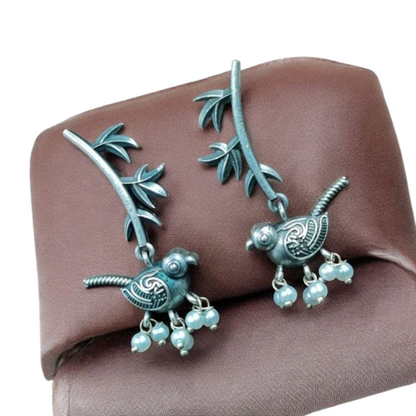 Oxidized Set of Silver with Pearl Handmade Look Alike Bird Leaf Earrings, Unique Lightweight and Stylish for Girls, Women