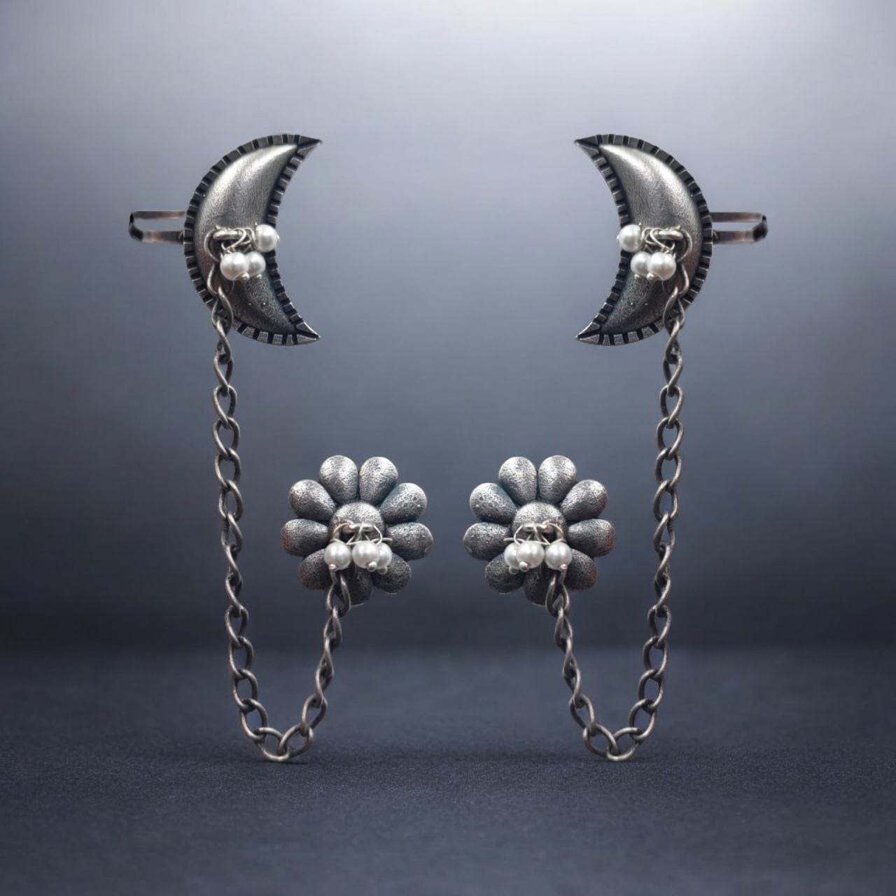 Ethnic Traditional Handmade Silver, Pearl-like Ghunghrus Earrings with Ear Clips & Chain, Antique Brass Finish for Women & Girls-Antique Brass Earrings with Chain Connection