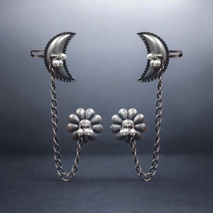 Ethnic Traditional Handmade Silver, Pearl-like Ghunghrus Earrings with Ear Clips & Chain, Antique Brass Finish for Women & Girls-Antique Brass Earrings with Chain Connection