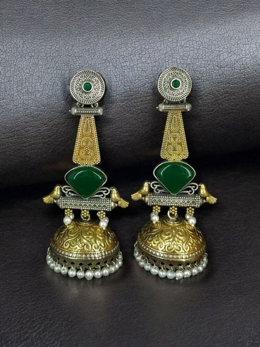 ROSAMODE Ethnic Bird Design Two-Tone Jhumka Earrings for Women | Oxidized Traditional Gold Monalisa Stone & Pearl Dangler Jewelry