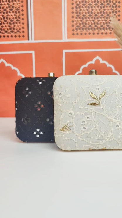 Elegant Embroidered Box Clutch with Golden Chain
