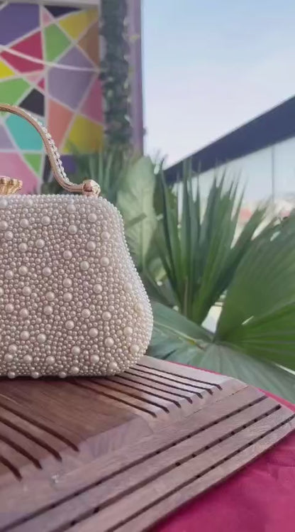 White Pearl Beaded Clutch Bag – 8x5 Inch Bridal Evening Purse with Sling Chain | Handcrafted Party Handbag
