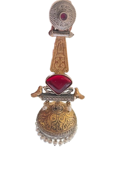 ROSAMODE Ethnic Bird Design Two-Tone Jhumka Earrings for Women | Oxidized Traditional Gold Monalisa Stone & Pearl Dangler Jewelry