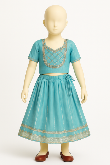 Blue Asmani Cambric Cotton with Gota Patti Lehenga/Ghagra Choli for Girls (1-7 Years)