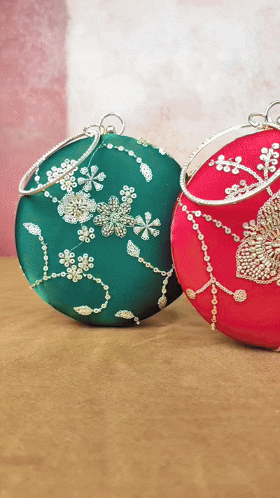 Elegant Round Clutch with Embellished Floral Design & Metal Ring Handle