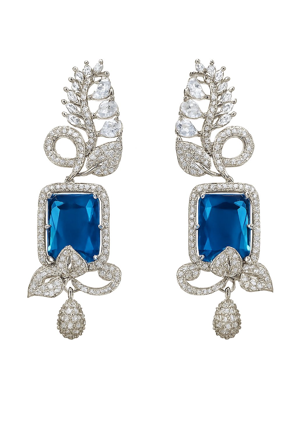 ROSAMODE 7 cm Royal Blue Leaf-Shaped Earrings for Women | Premium AD Stone Long Earrings | American Diamond Jewelry for Wedding, Party & Festivals | Lightweight & Stylish