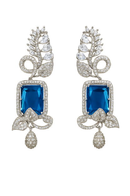 ROSAMODE 7 cm Royal Blue Leaf-Shaped Earrings for Women | Premium AD Stone Long Earrings | American Diamond Jewelry for Wedding, Party & Festivals | Lightweight & Stylish
